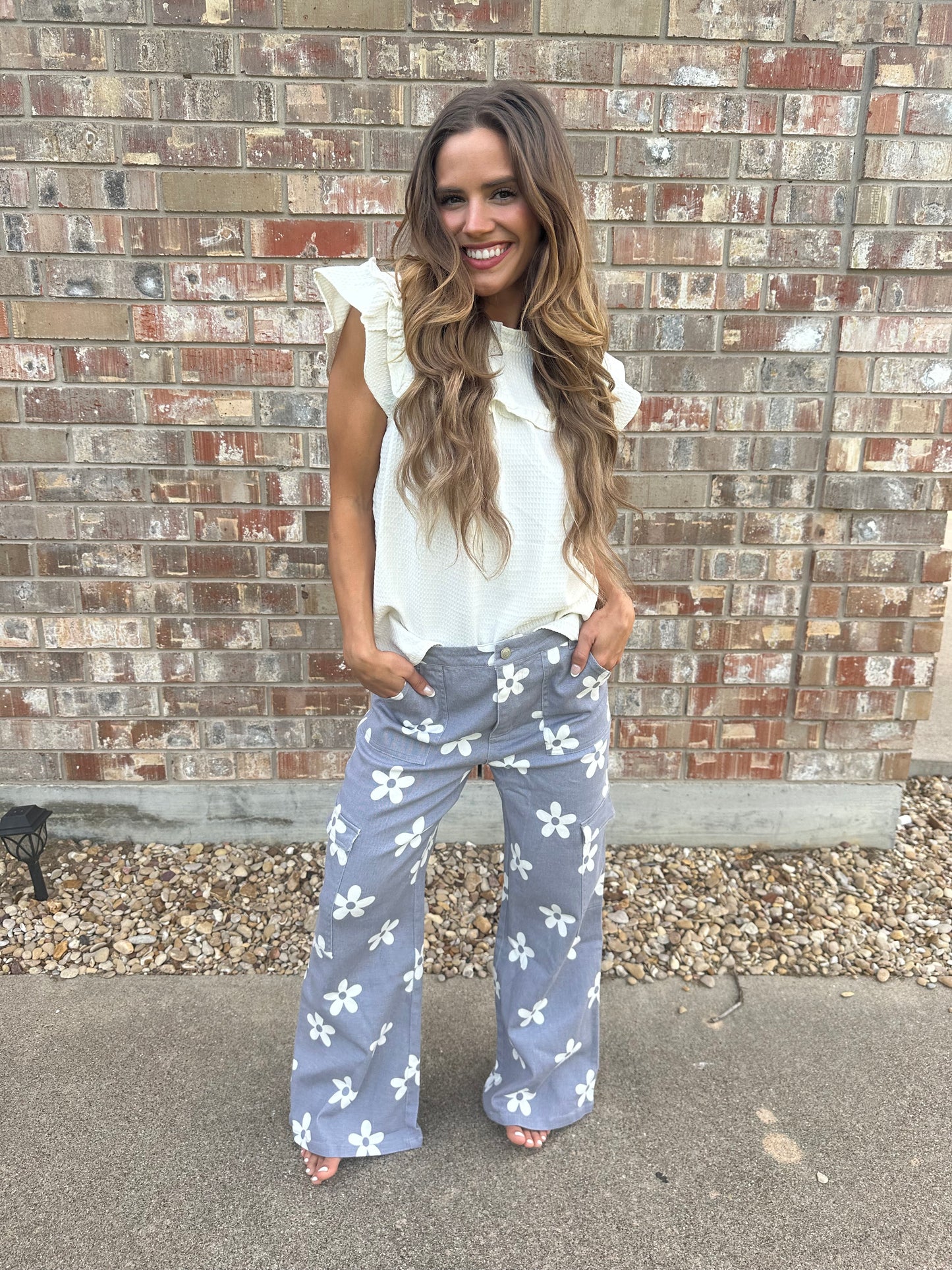 FLOWER PRINTED SIDE POCKET WIDE PANTS