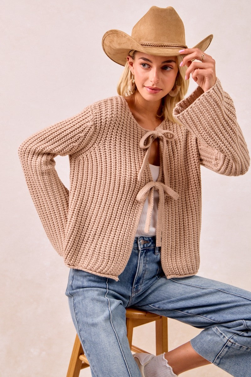 Solid Loose Gauge Knit Sweater Top With Bow Tied