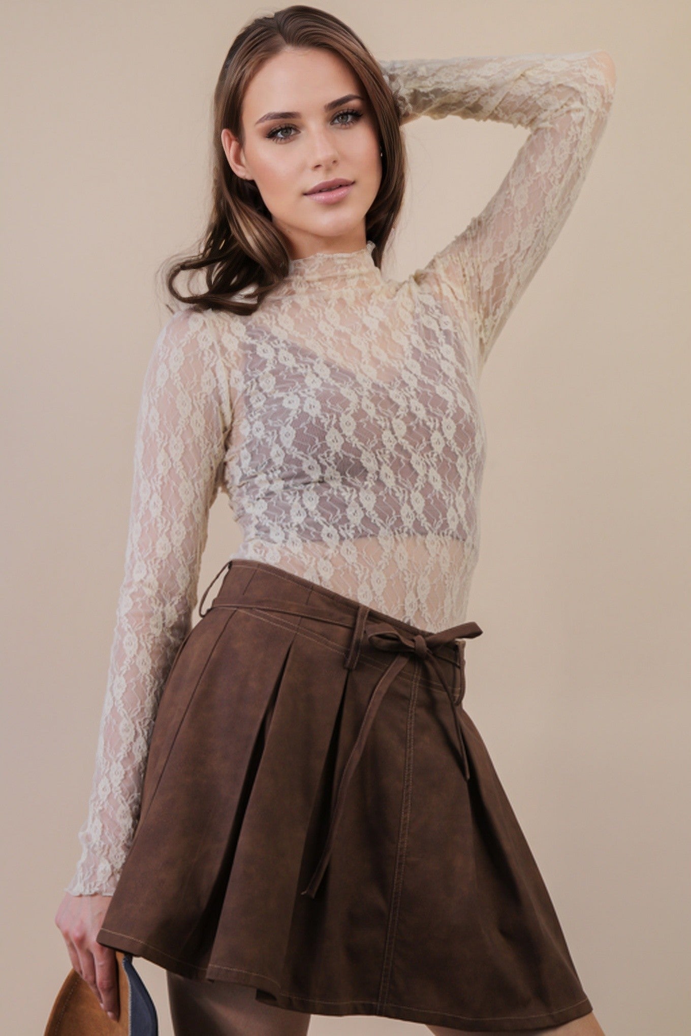 Sheer Mesh Lace Top Champagne