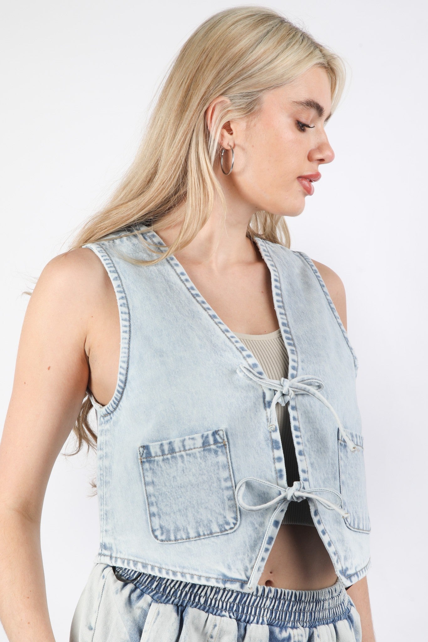 Jean Acid Washed Denim Front Tie Vest