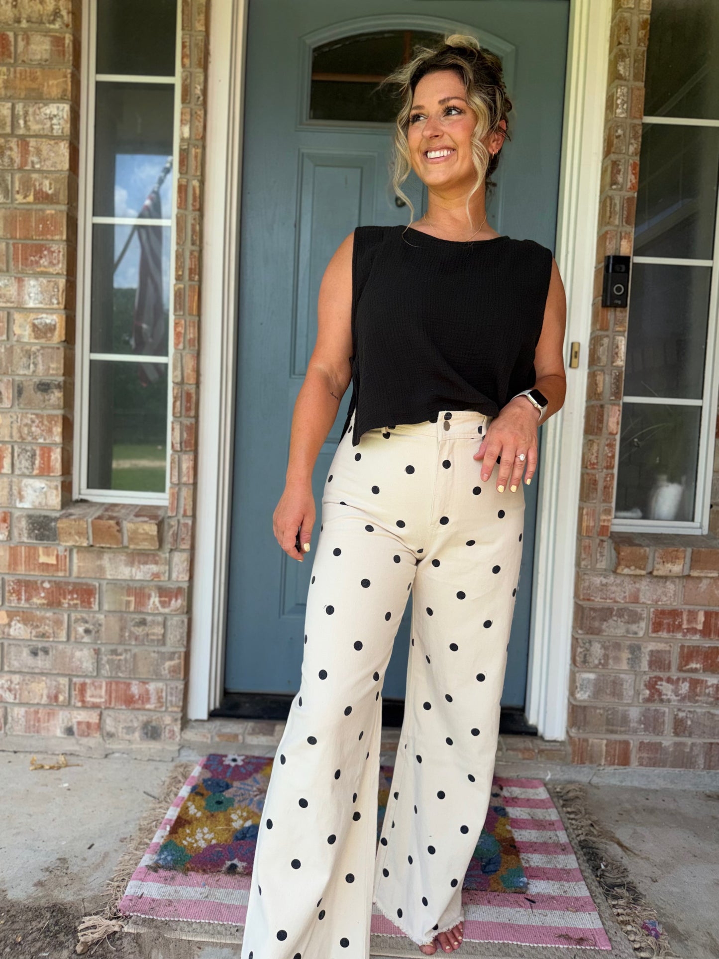 Falling Petals Polka Trouser Relaxed Fit Pants Black and White