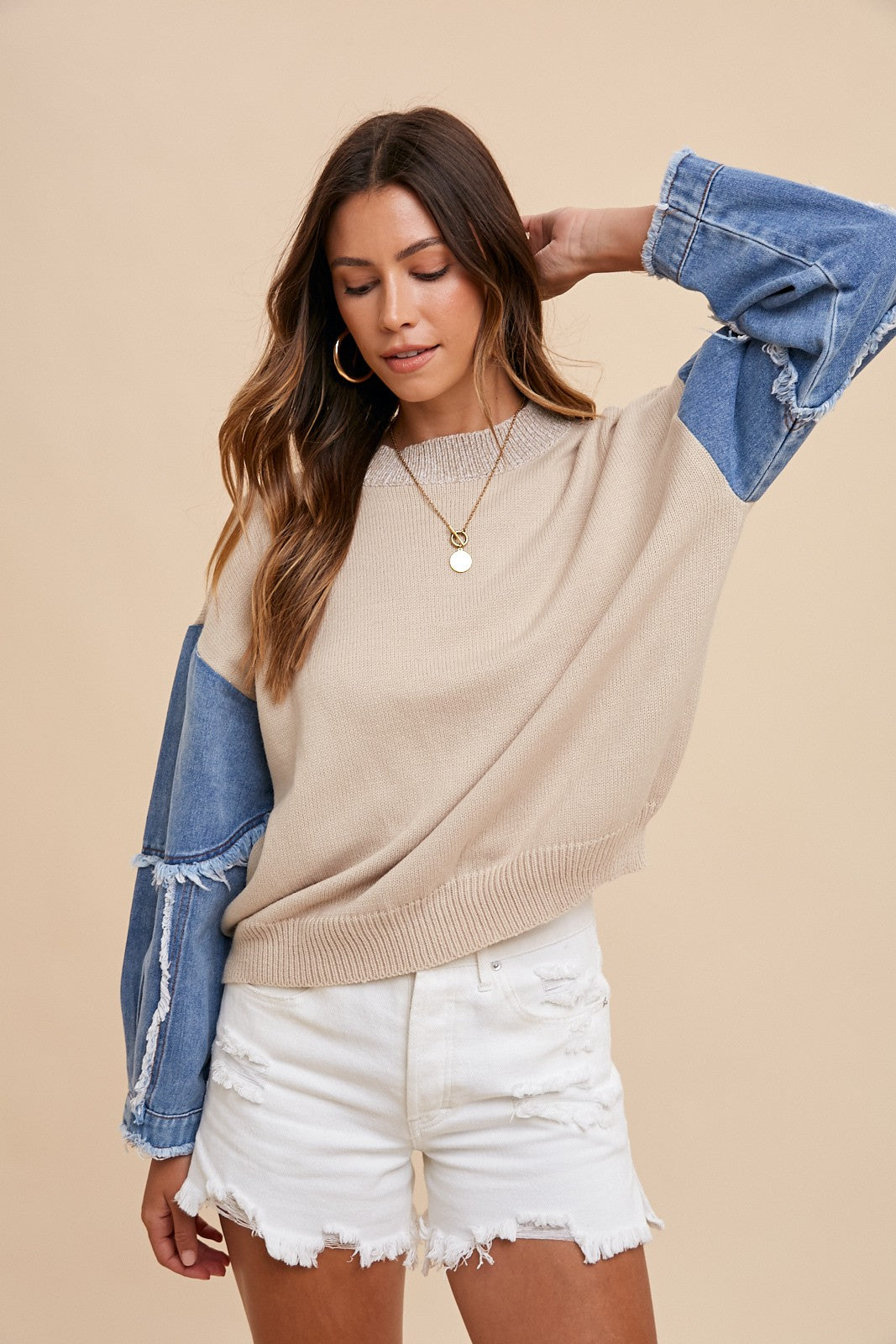Denim Sleeve Contrast Distressed Sweater