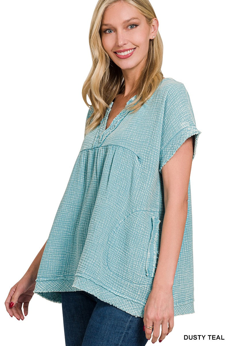 WASHED DOUBLE GAUZE RAW EDGE SHORT SLEEVE SHIRT