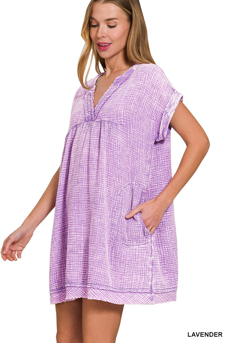 WASHED DOUBLE GAUZE RAW EDGE V-NECK DRESS