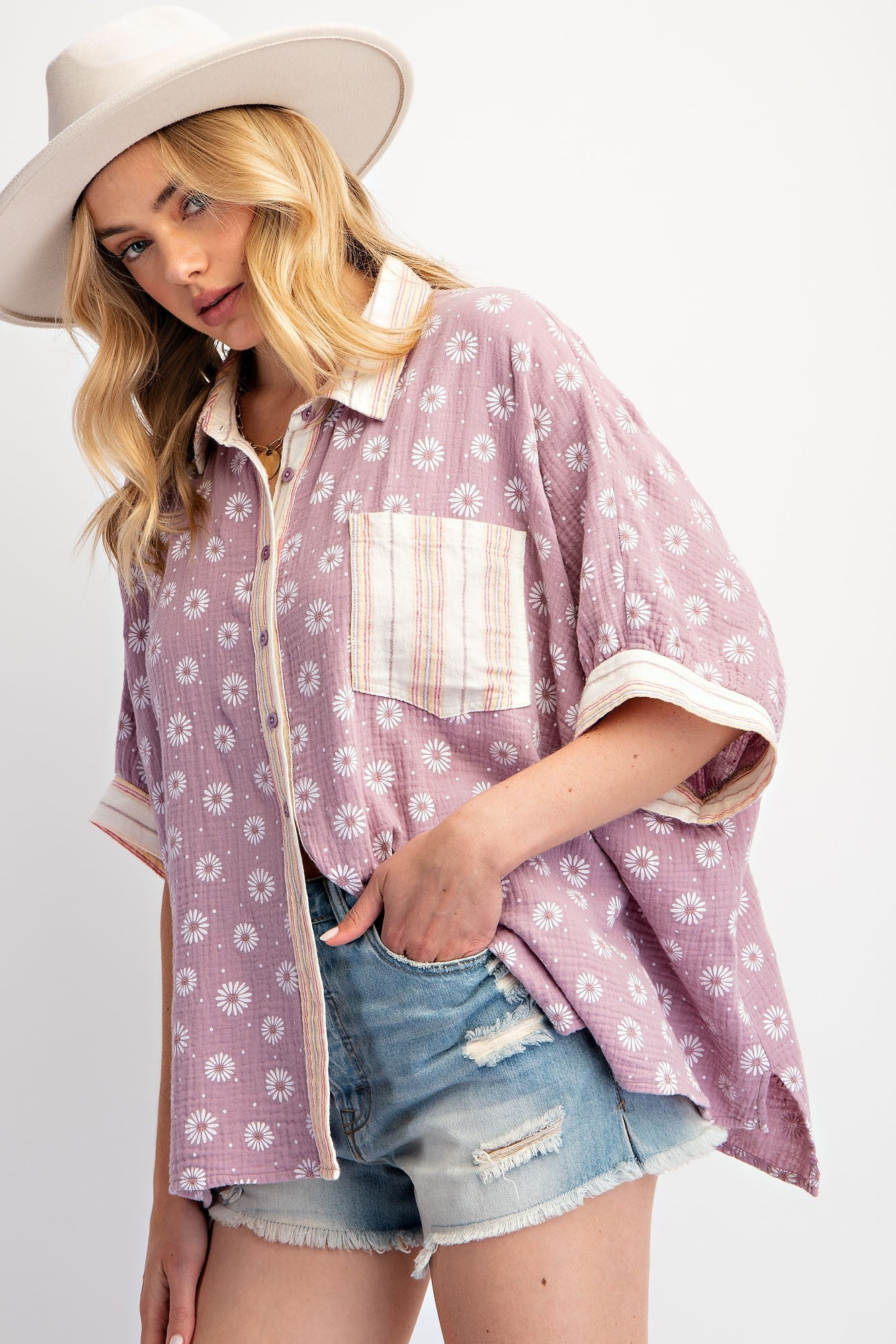 FLOWER PATTERNED COTTON GAUZE TOP