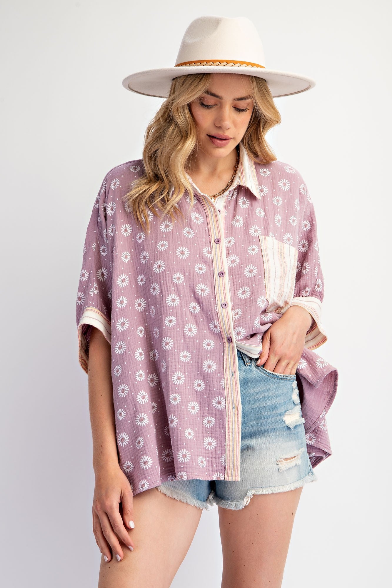 FLOWER PATTERNED COTTON GAUZE TOP