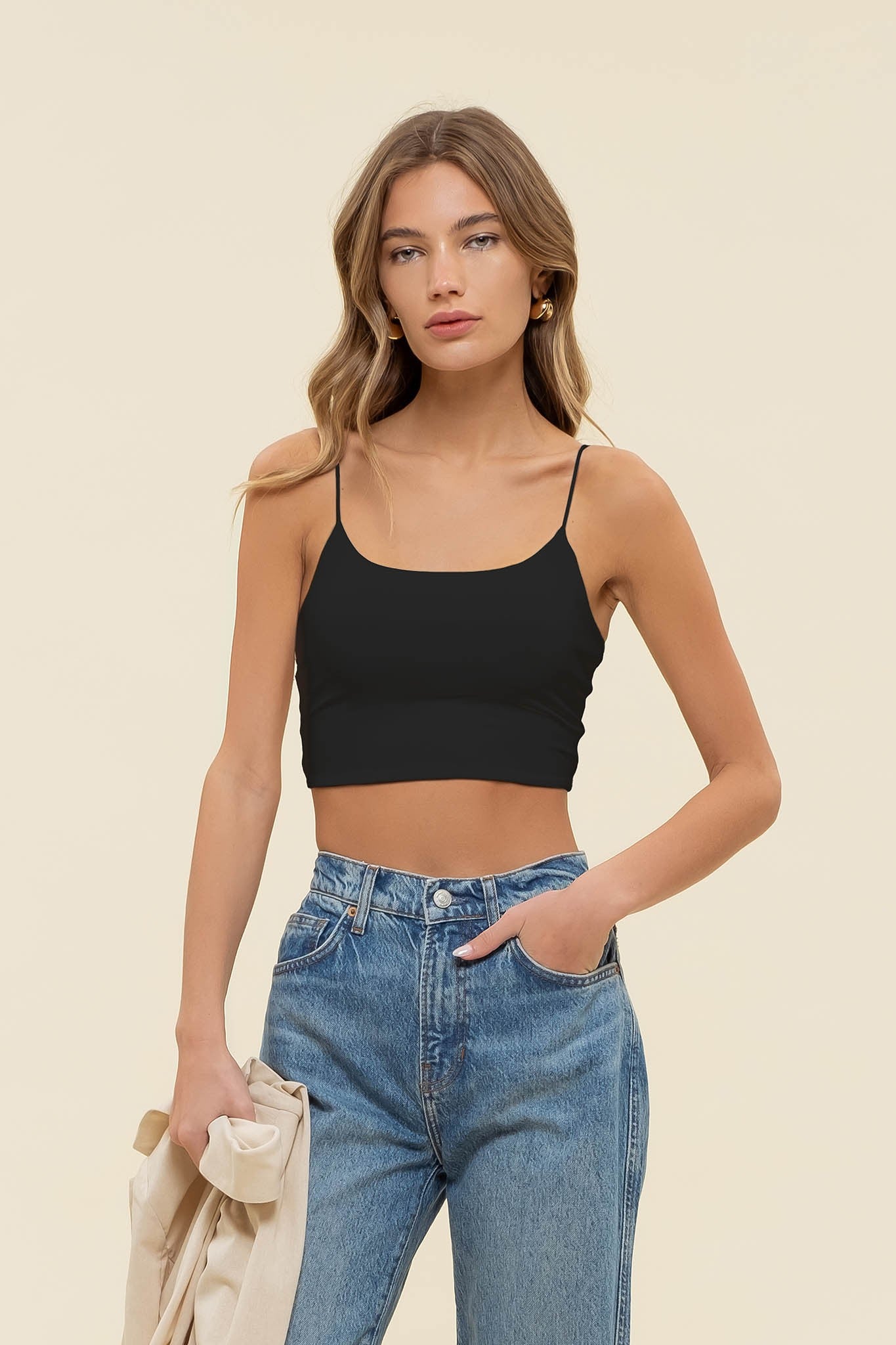 Seamless Cropped Knit Cami Top-White, Black, Beige