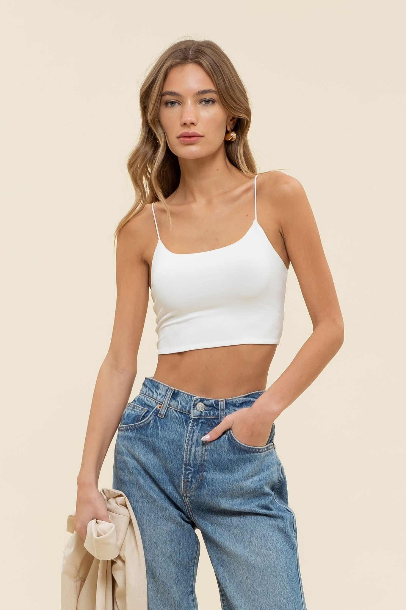 Seamless Cropped Knit Cami Top-White, Black, Beige