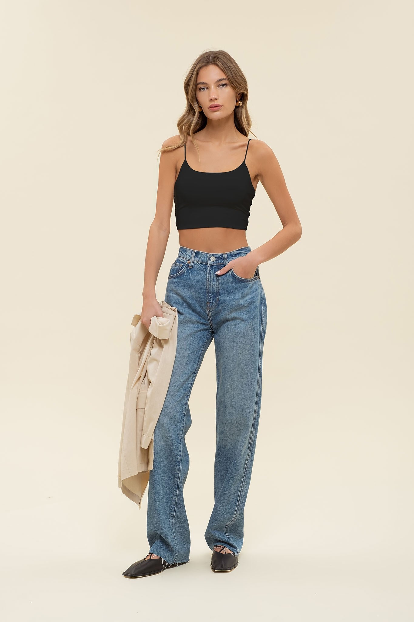 Seamless Cropped Knit Cami Top-White, Black, Beige