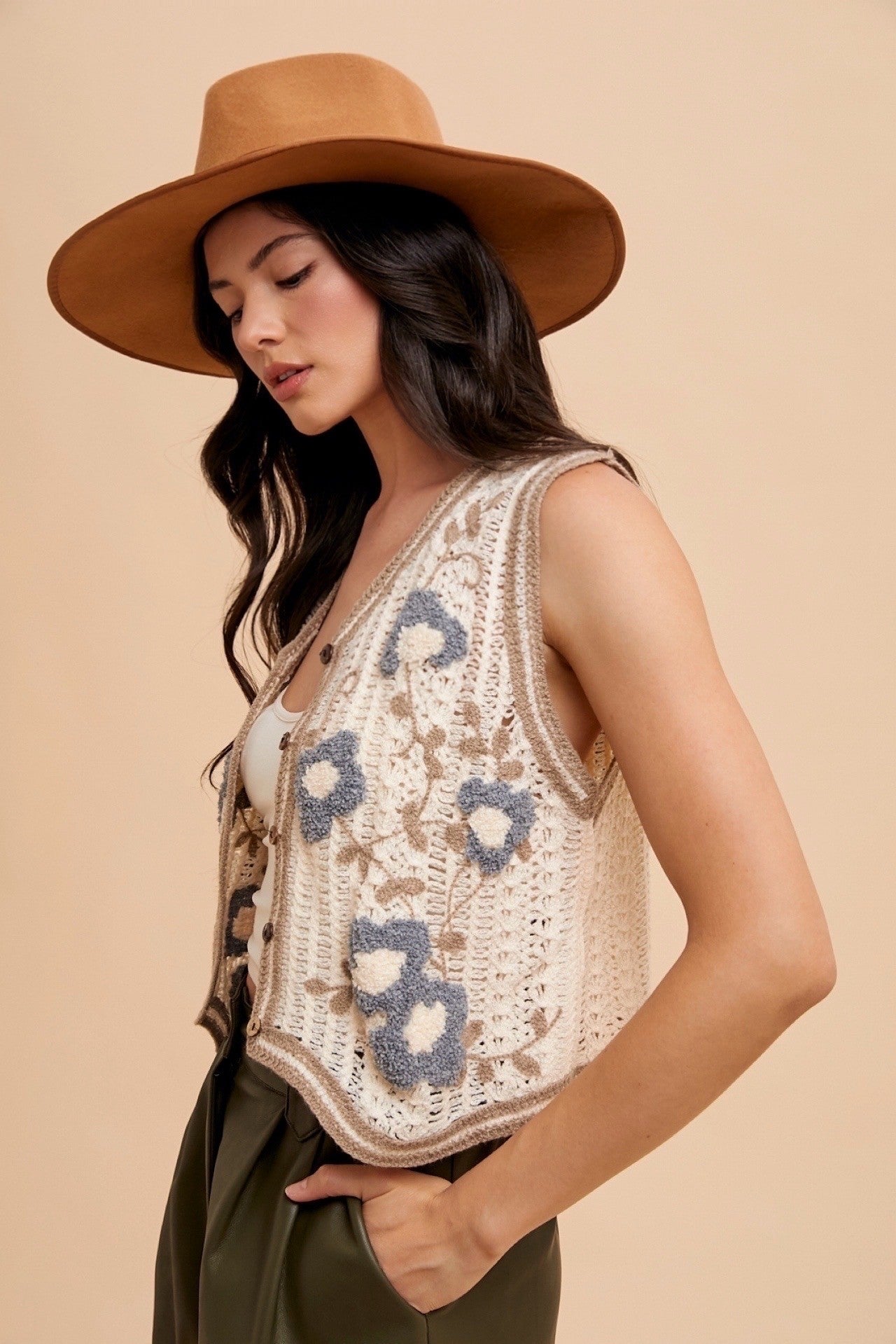 Floral Patch Crochet Sweater Vest