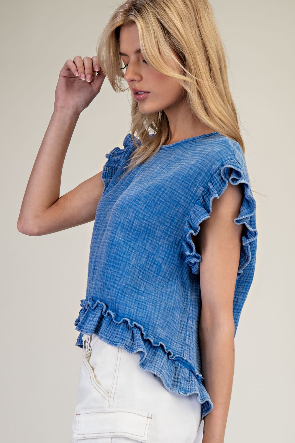 Washed Short Sleeve Ruffle Top