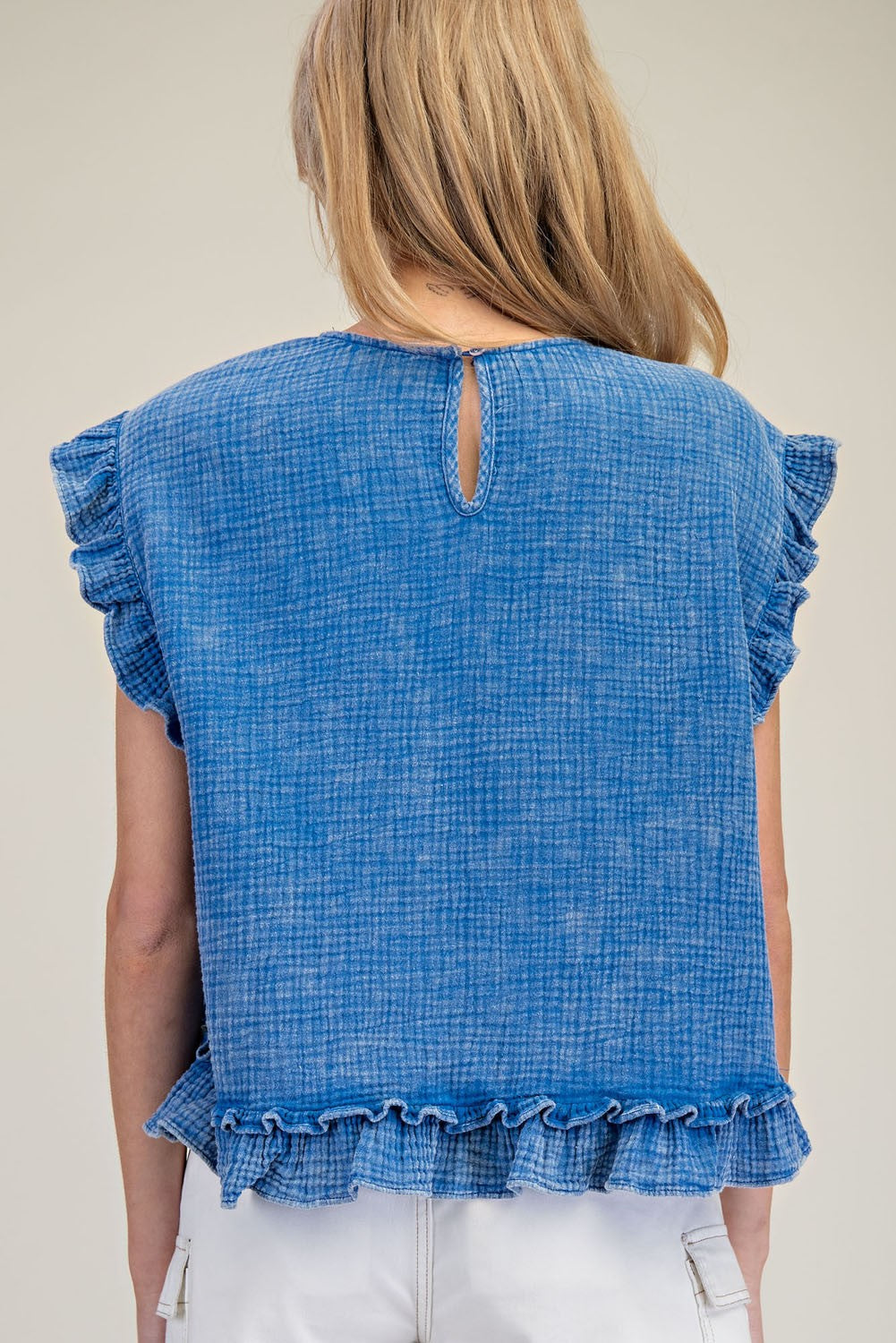 Washed Short Sleeve Ruffle Top