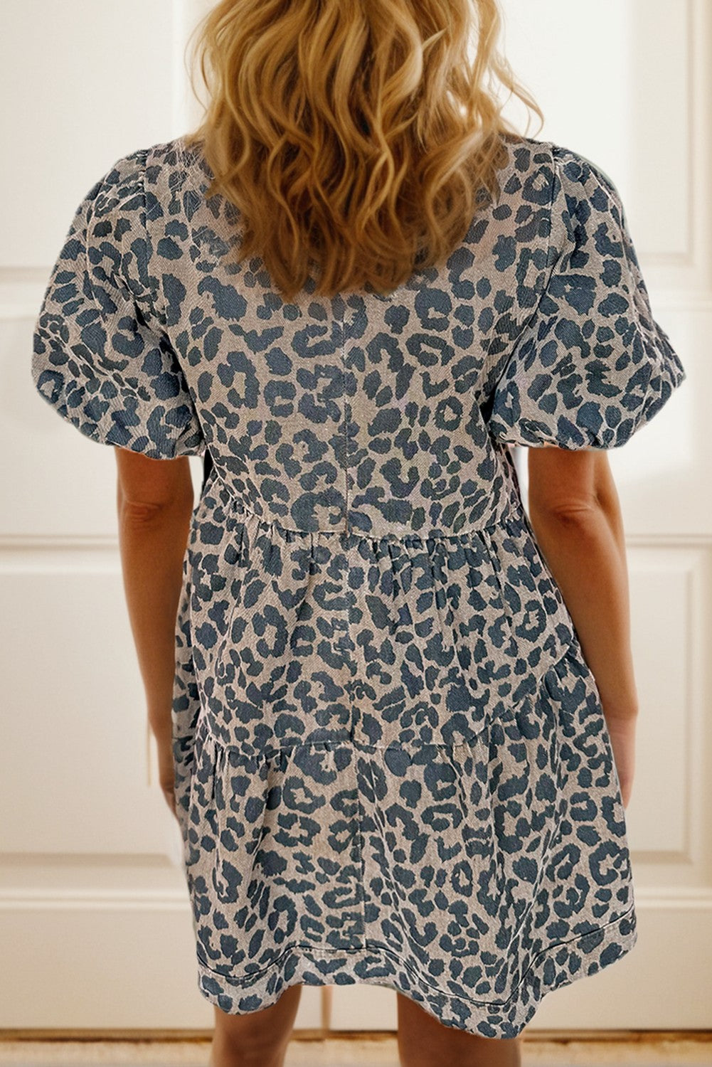 Denim Leopard Printed Short Sleeve Dress