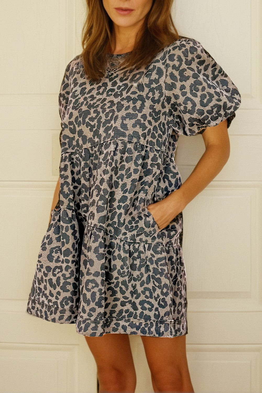 Denim Leopard Printed Short Sleeve Dress