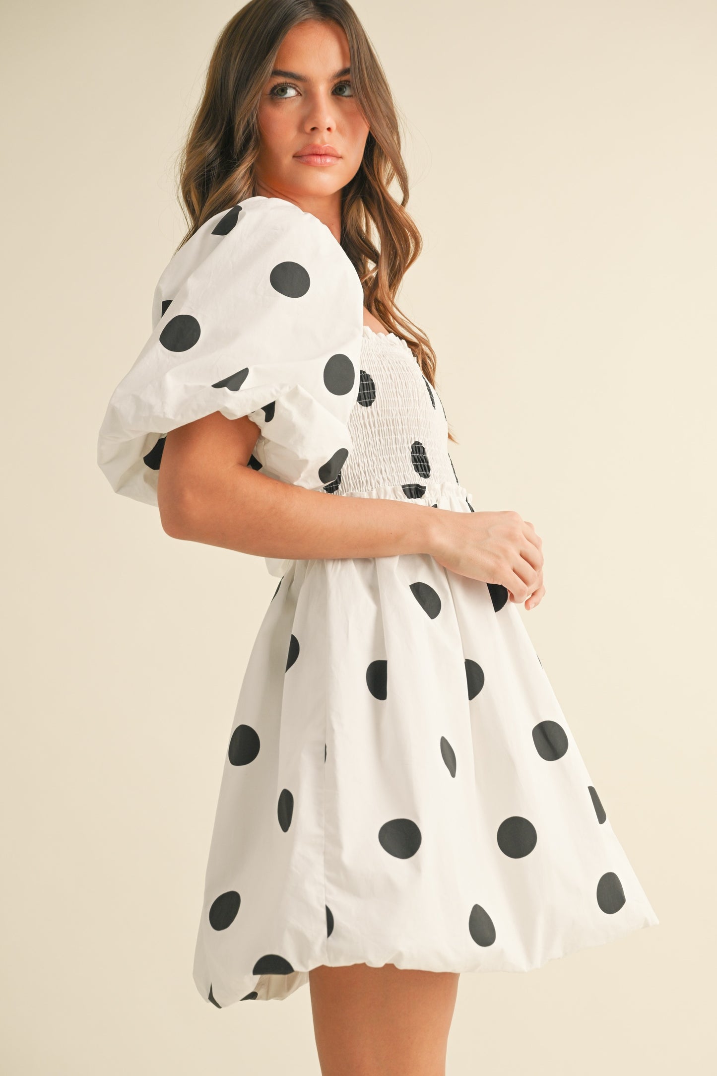 PUFF SLEEVE POLKADOT BUBBLE MINI DRESS