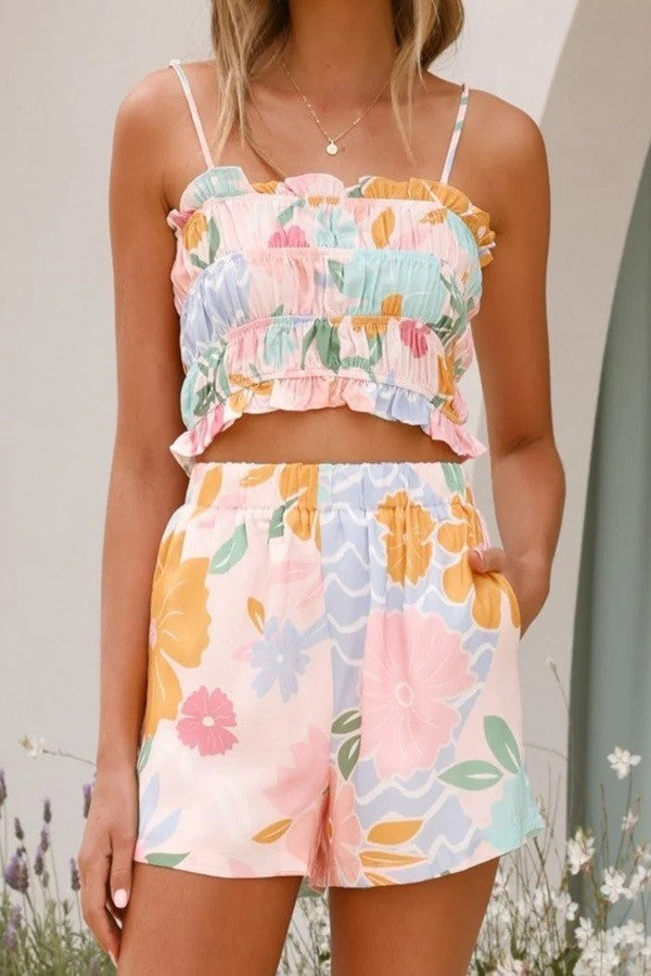FLORAL PRINT SLEEVELESS CROP TOP AND SHORTS