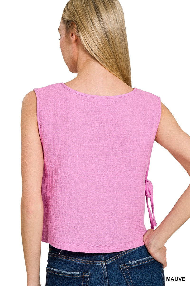 WOVEN AIRFLOW SIDE TIE SLEEVELESS TOP