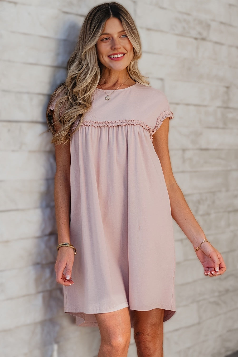 Frilled Trim Crew Neck Loose Fit Mini Dress