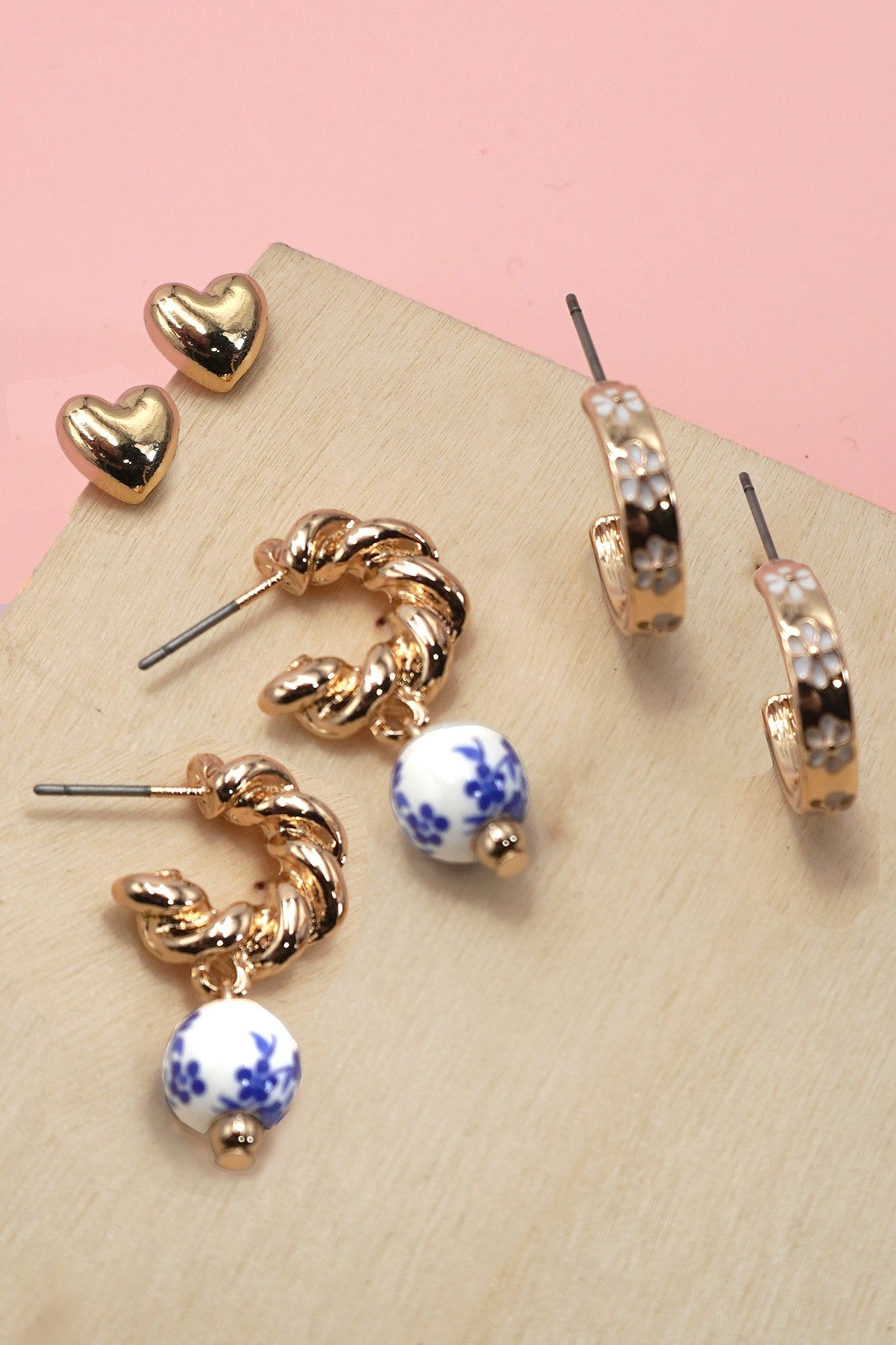 Blue Ceramic Porcelain Trio Huggie Hoop Earrings