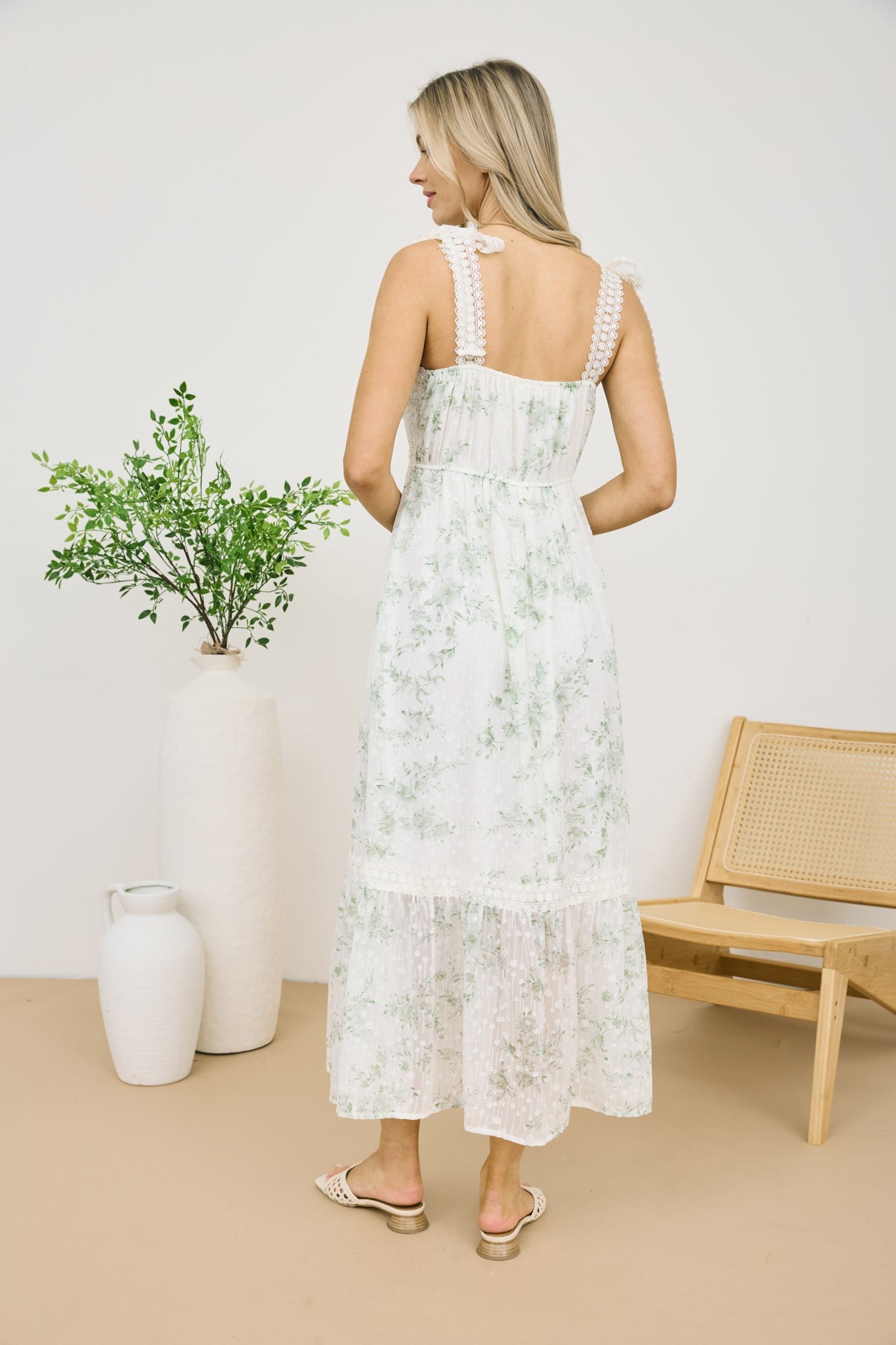 POLKA DOT FLORAL EYELET LACE TRIM MIDI DRESS