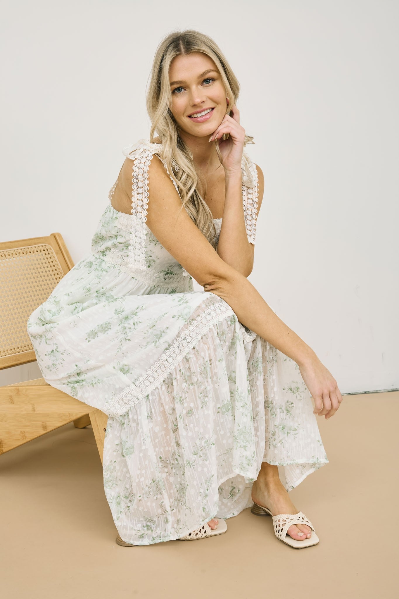 POLKA DOT FLORAL EYELET LACE TRIM MIDI DRESS