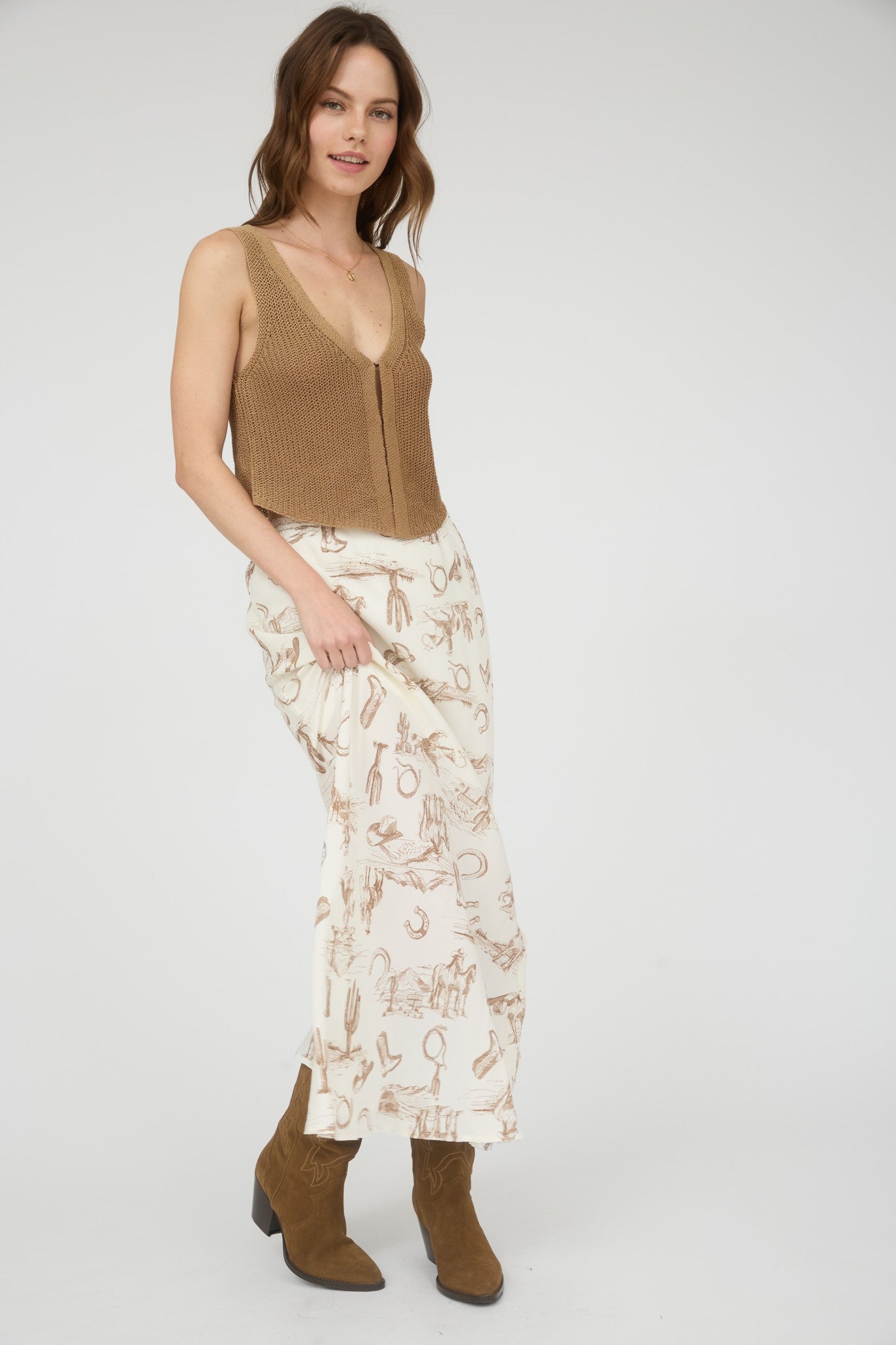 Western Lace Trim Midi Skirt