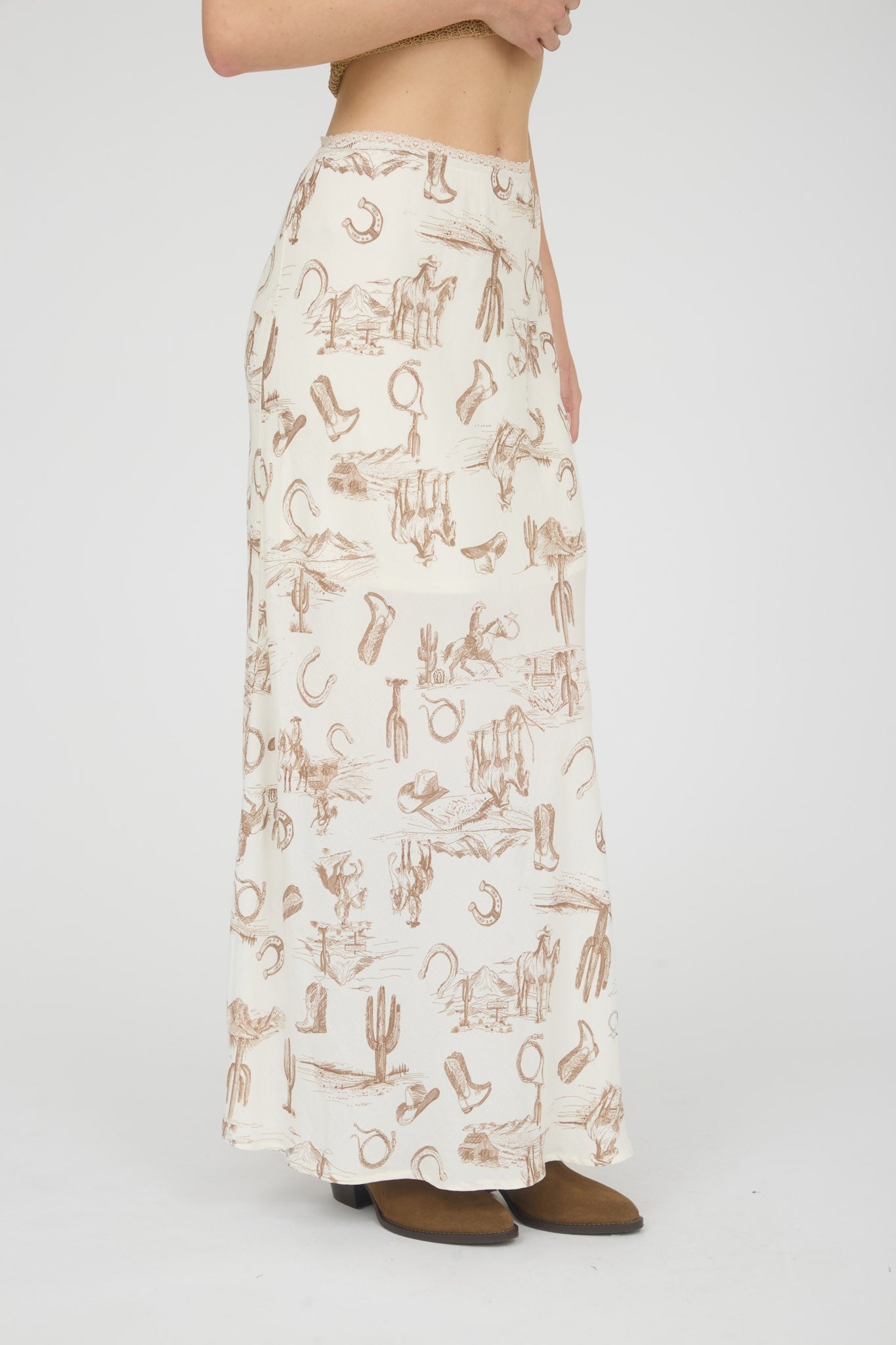 Western Lace Trim Midi Skirt