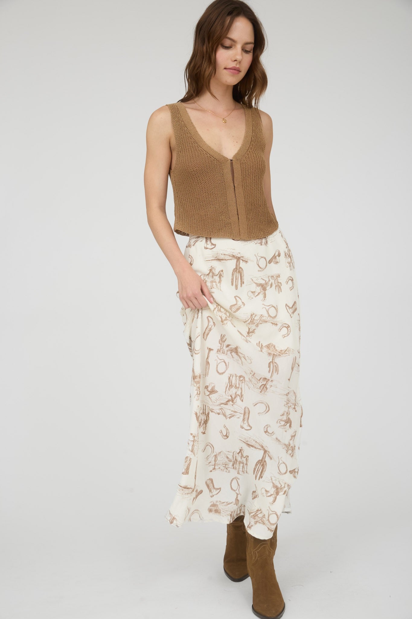 Western Lace Trim Midi Skirt