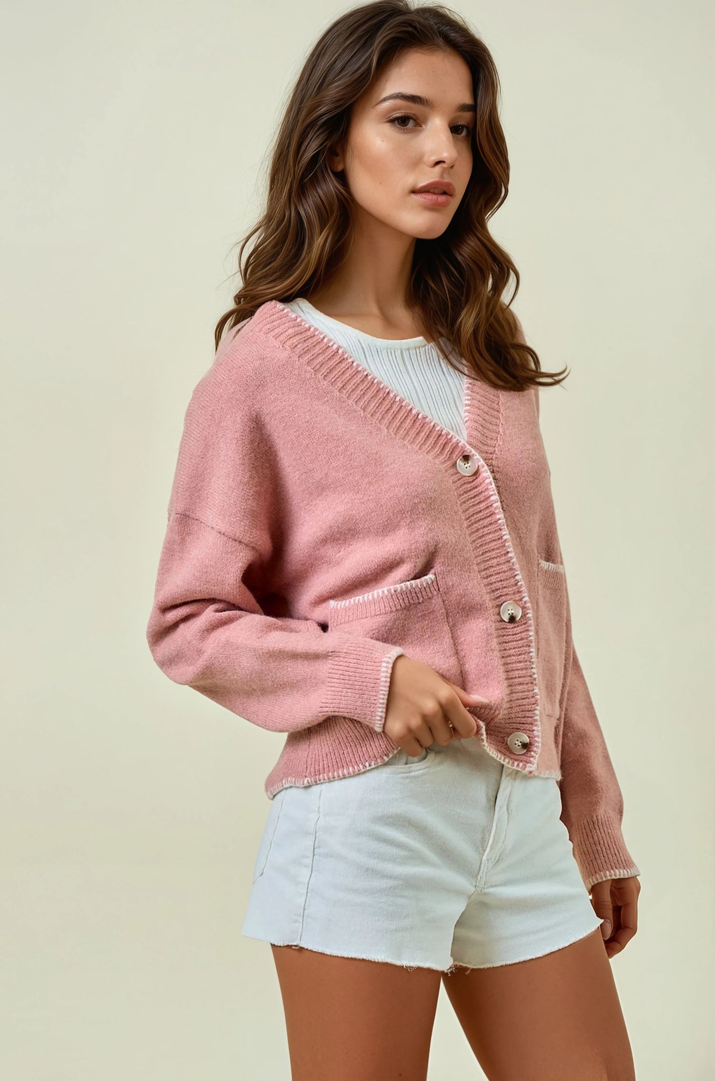 Contrast Blanket Stitch Sweater Cardigan