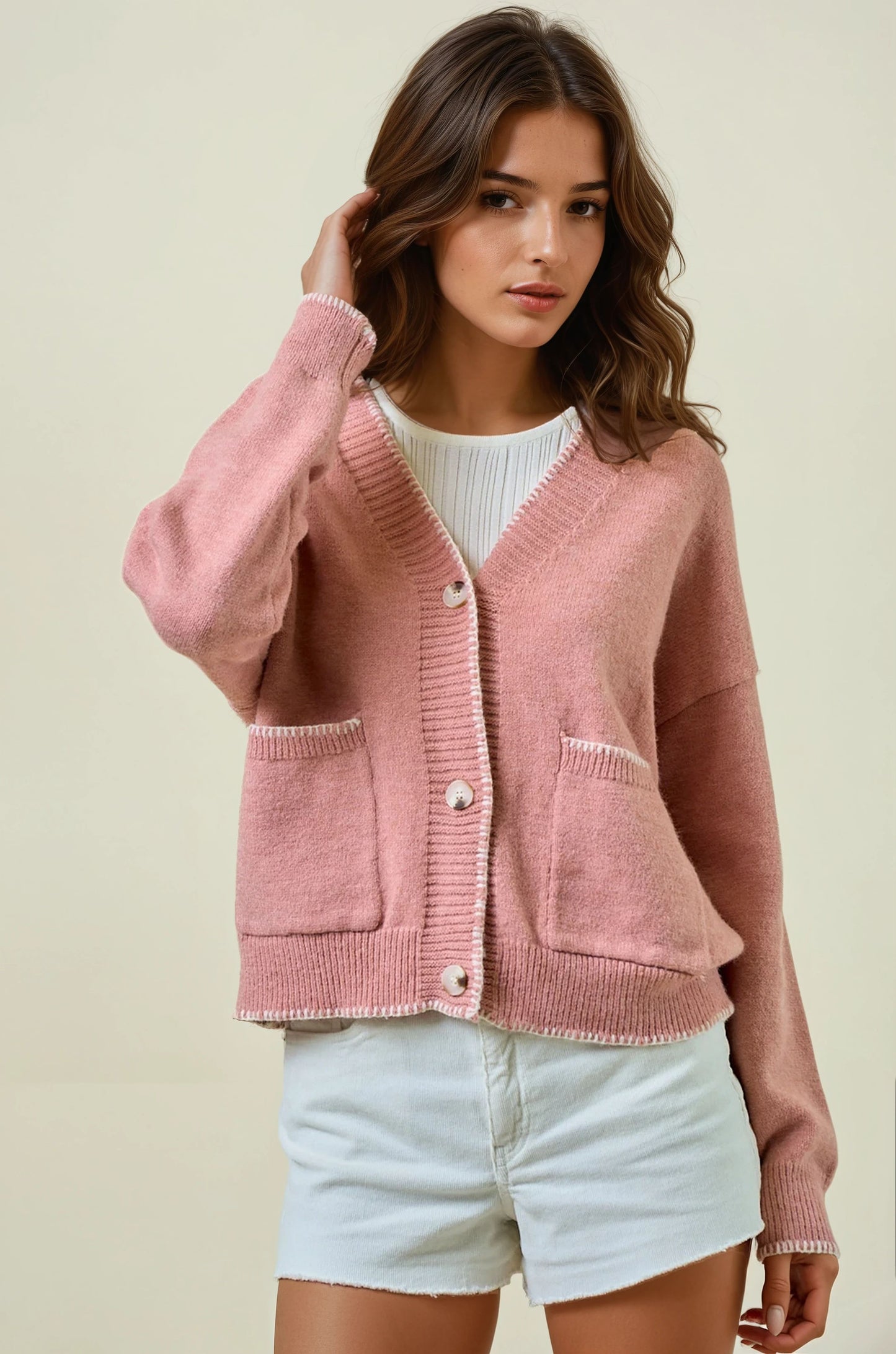 Contrast Blanket Stitch Sweater Cardigan