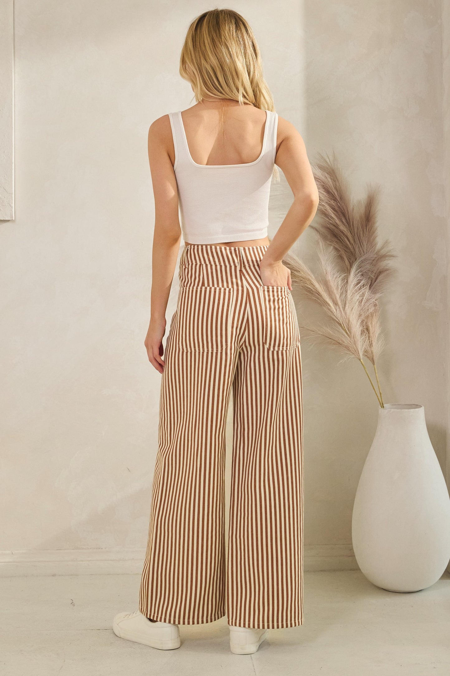 Lightweight Twill Camel Stripe Wide Leg Pants