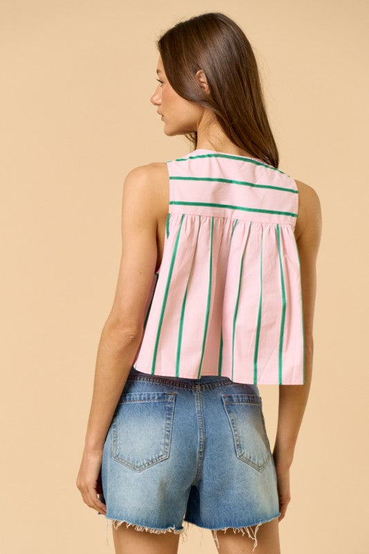 Stripe Print Sleeveless Pleated Front Tie Top
