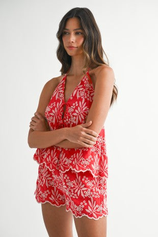 Embroidered Eyelet Halter Neck Top And Shorts Set