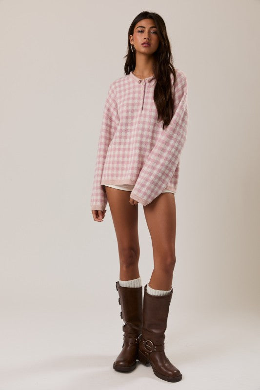 Rolled Hemline Detail Check Half Button Sweater