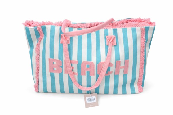 Beach Striped Tote Bag Blue with Pink Trim