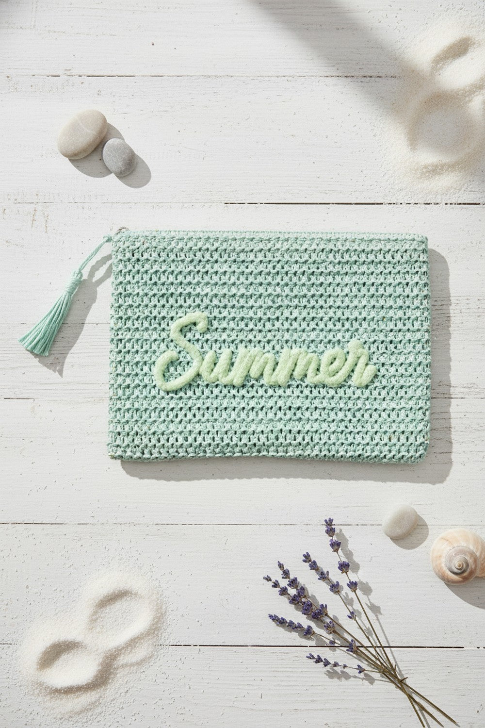 Summer Embroidery Woven Straw Pouch Bag Mint