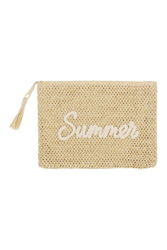 Summer Embroidery Woven Straw Pouch Bag Beige