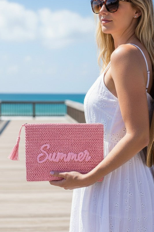 Summer Embroidery Woven Straw Pouch Bag Pink