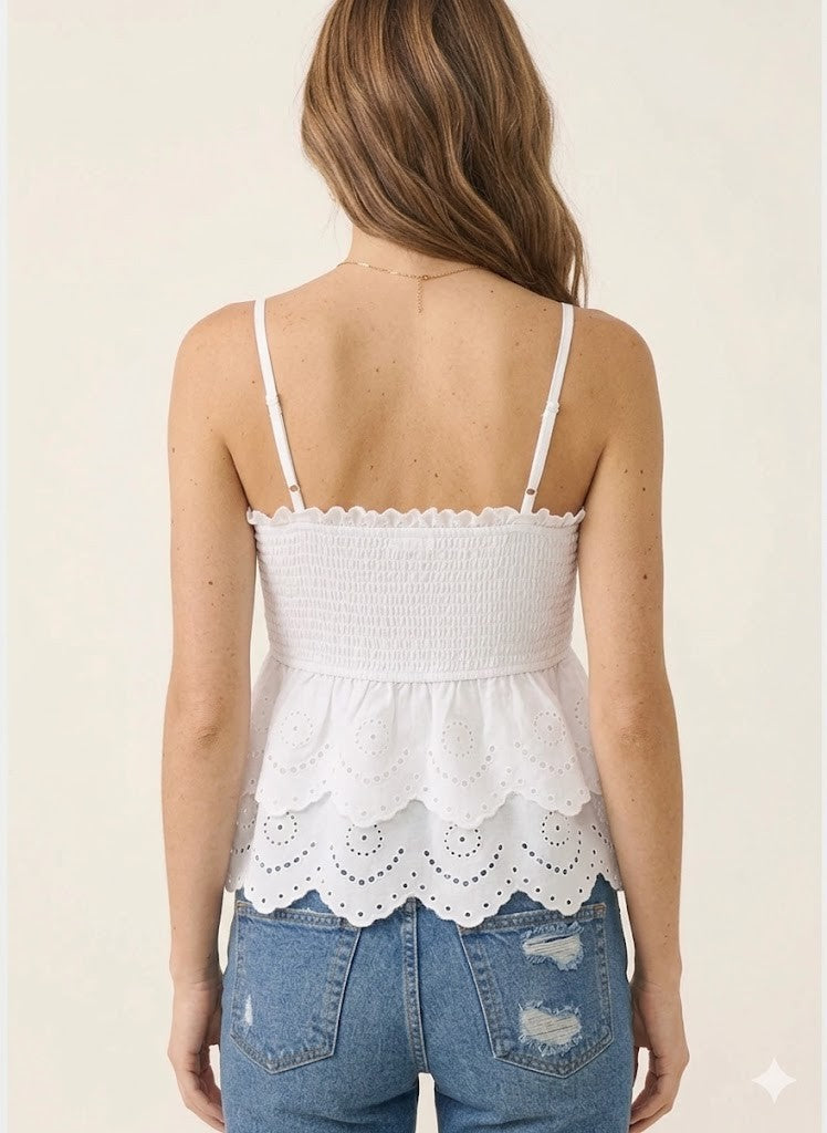 Strapped Smocked Babydoll Top with Two-Tier Eyelet Lace Detail-White