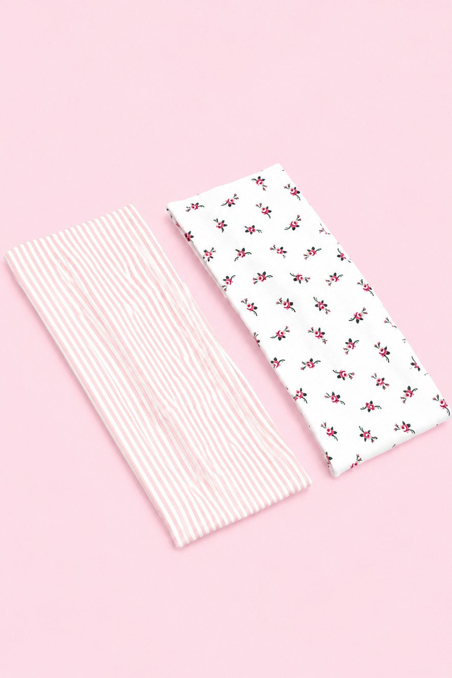 Pink Pinstripe & Floral Printed Headband 2-pc Set