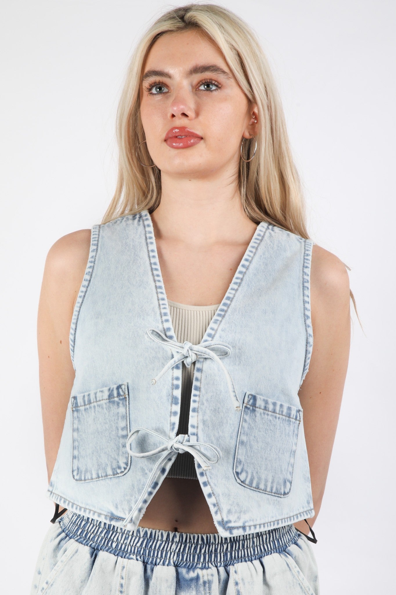 Jean Acid Washed Denim Front Tie Vest