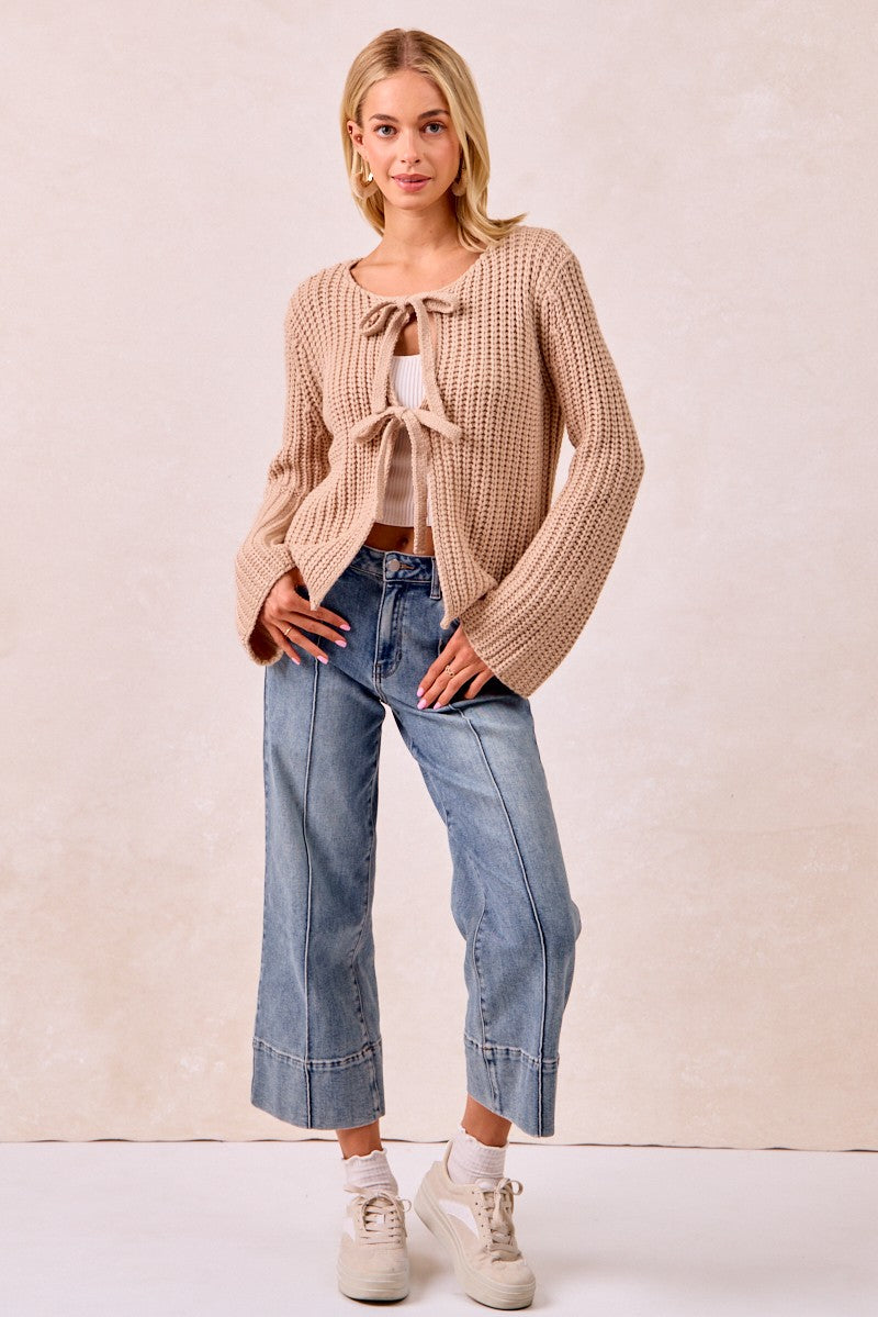 Solid Loose Gauge Knit Sweater Top With Bow Tied