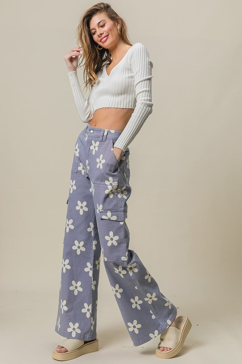 FLOWER PRINTED SIDE POCKET WIDE PANTS