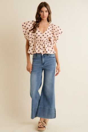 Polka Dot Bubble Sleeves Back Smocked Lined Blouse