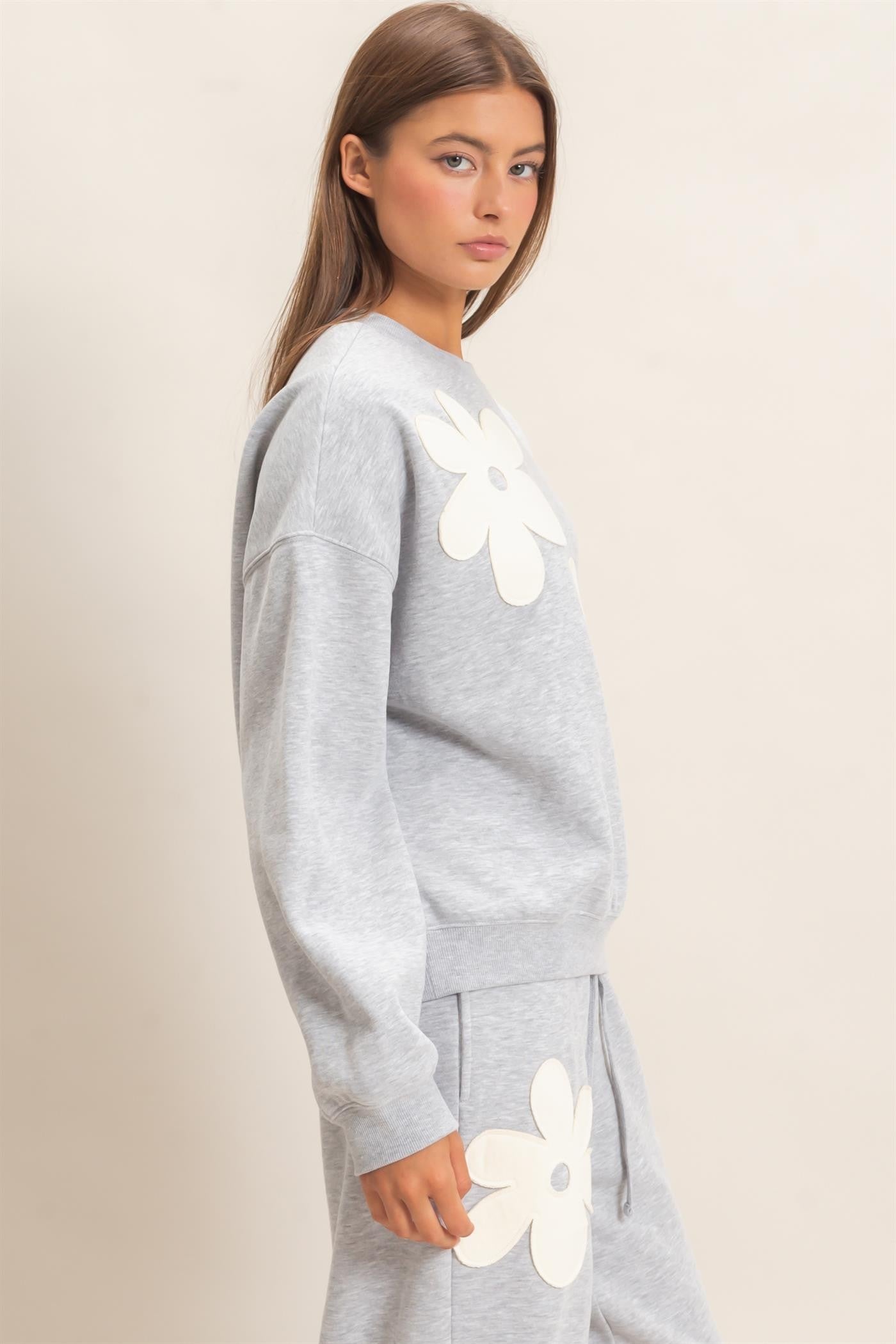 Floral Applique Crew Neck Sweatshirt-Heather Gray