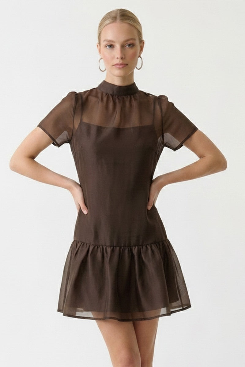 Soft Organza Mock Neck Mini Dress With Removable Slip Dress-Mocha