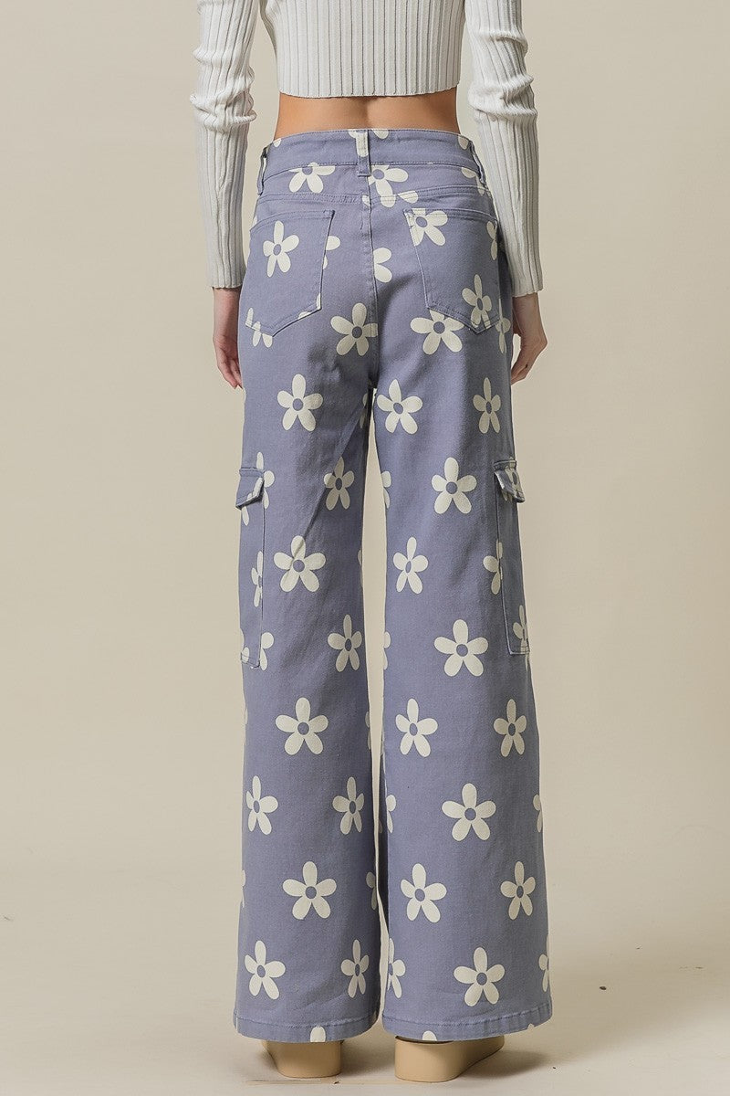 FLOWER PRINTED SIDE POCKET WIDE PANTS