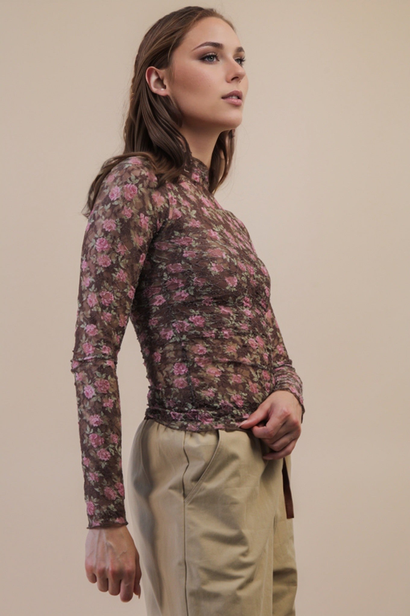 Fitted Sheer Mesh Lace Top Chocolate Floral