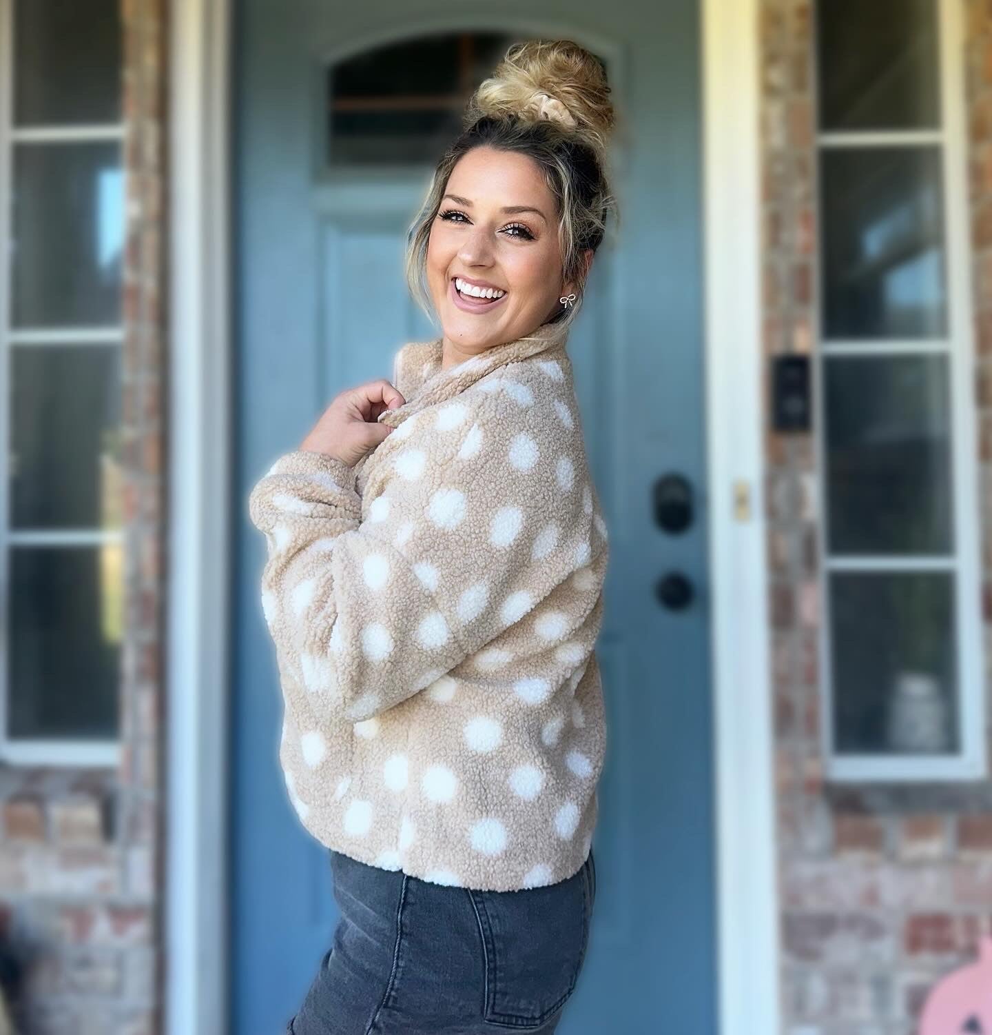 Polka Dot Front Zip Sherpa Jacket