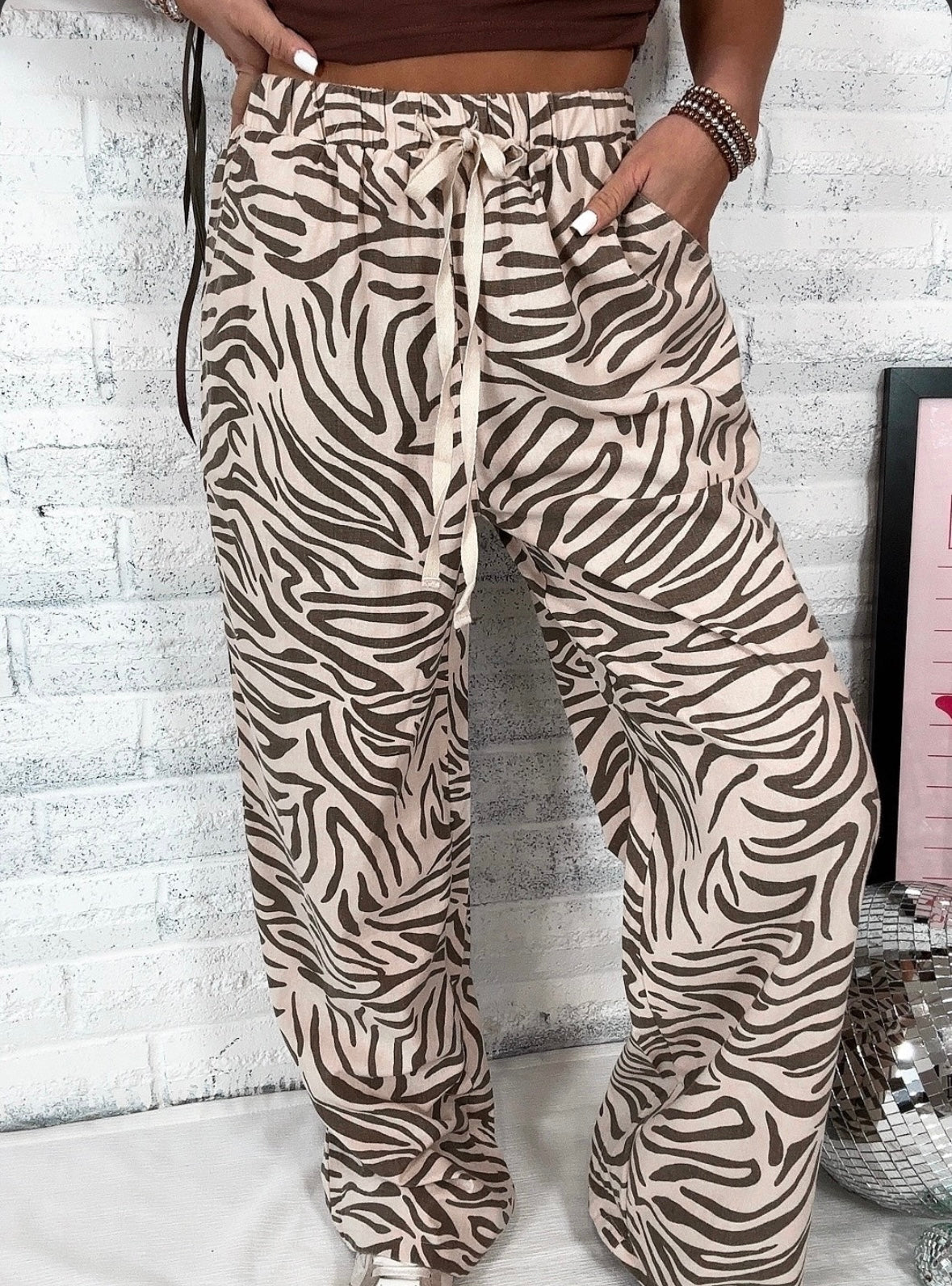 Zebra Print Linen Wide Leg Pants